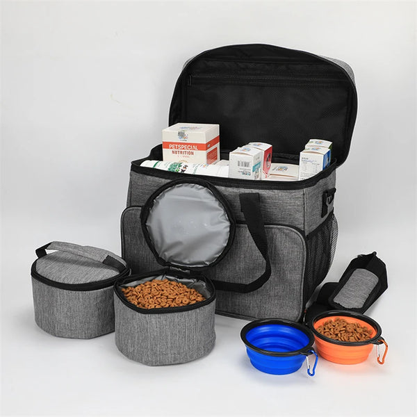 Kit de Voyage Complet pour Chien – Sac de Transport avec Gamelles et Contenants Alimentaires